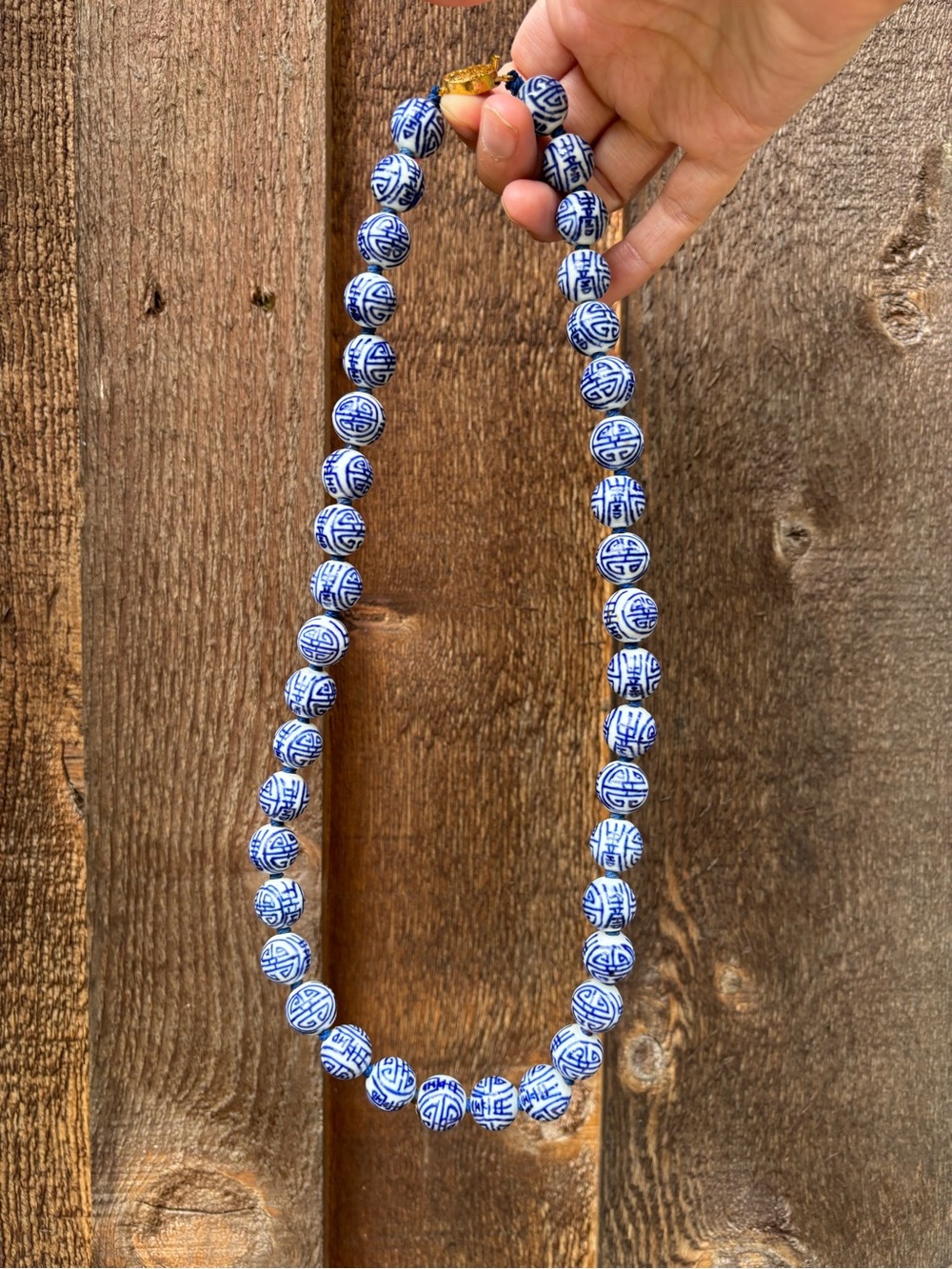 Vintage Longevity Necklace featuring Blue + White Porcelain Beads Hand-knotted